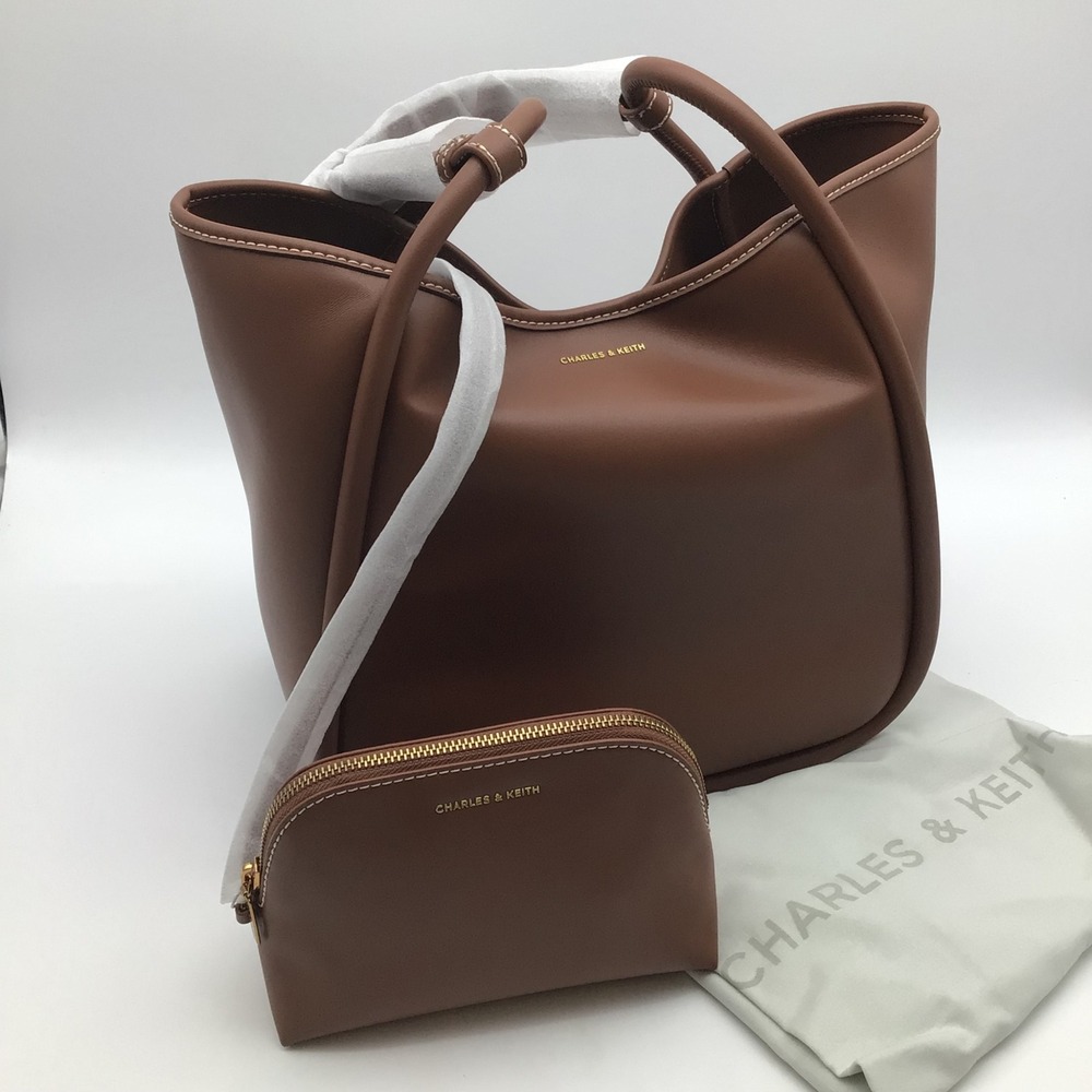 Charles & Keith Lyla Tubular Slouchy Tote Bag Chocolate XL with Pouch Brown NWT